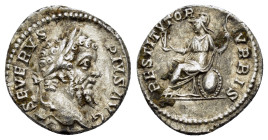 SEPTIMIUS SEVERUS (193-211). Denarius. Rome.
Obv: SEVERVS PIVS AVG.
Laureate head right.
Rev: RESTITVTOR VRBIS.
Roma seated left on shield, holding sp...