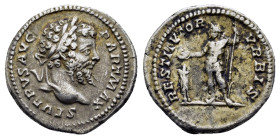 SEPTIMIUS SEVERUS (193-211). Denarius. Rome.
Obv : SEVERVS AVG PART MAX.
Laureate head right.
Rev : RESTITVTOR VRBIS.
Septimius Severus standing left,...
