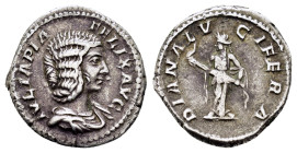 JULIA DOMNA (Augusta, 193-217). Denarius. Rome.
Obv: IVLIA PIA FELIX AVG.
Draped bust right.
Rev: DIANA LVCIFERA.
Diana standing facing, head left, ho...