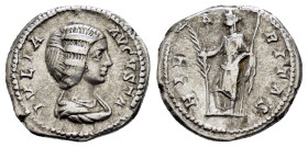 JULIA DOMNA.193-217 AD.Rome Mint.AR Denarius
Obverse : IVLIA AVGVSTA; draped bust of Julia Domna right
Reverse : HIL A RITAS; Hilaritas standing left,...