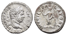 CARACALLA (197-217). Denarius. Rome.
Obv: ANTONINVS PIVS AVG BRIT.
Laureate head right.
Rev: MARTI PACATORI.
Mars standing facing, head left, holding ...