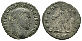 MAXIMIANUS II. 310-313 AD.Cyzicus mint .AE Follis. IMP C GAL VAL MAXIMINVS P F AVG, laureate head of Maximinus II right / GENIO A-VGVSTI, Genius stand...