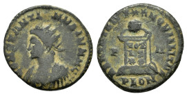CONSTANTINE II (Caesar, 316-337). Follis. Londinium.
Obv: CONSTANTINVS IVN N C.
Radiate, draped and cuirassed bust left.
Rev: BEATA TRANQVILLITAS / P ...