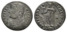"Licinius I. A.D. 308-324. Æ follis Nicomedia, A.D. 317/8. IMP LICI-NIVS AVG, laureate bust of Licinius I left, wearing consular robes, holding mappa,...