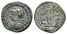 LICINIUS II (Caesar, 317-324).Antioch.Follis.
Obv : Helmeted and cuirassed bust left, holding spear over should, shield on left arm.
Rev : Jupiter sta...