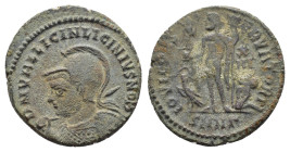 LICINIUS II.318-320 AD.Cyzicus mint.AE Follis.D N VAL LICIN LICINIVS NOB C, helmeted and cuirassed bust to left, holding spear across right shoulder a...