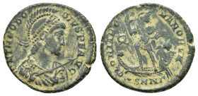 THEODOSIUS I.(379-395).Cyzikos.Follis.
Obv : D N THEODOSIVS P F AVG.
Helmeted, diademed, draped and cuirassed bust right, holding shield and spear.
Re...
