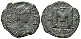 Anastasius I. 491-518. Æ Follis – 40 Nummi (30mm, 13.90 g, 6h). Contemporary imitation of a Theoupolis (Antioch) mint issue copying the reverse of Jus...