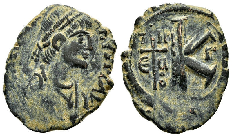 JUSTIN I (518-527). Half Follis. Cyzicus. Obv: D N IVSTINVS P P AVG. Diademed, d...