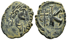 JUSTIN I (518-527). Half Follis. Cyzicus. Obv: D N IVSTINVS P P AVG. Diademed, draped and cuirassed bust right. Rev: Large K; to left, cross between K...