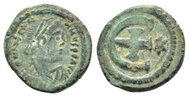 JUSTINIAN I (527-565). Pentanummium. Theoupolis (Antioch).
Obv: D N IVSTINIANVS P P AV.
DIademed, draped and cuirassed bust right.
Rev: Large Є with c...