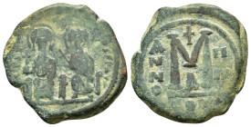 JUSTIN II with SOPHIA.(565-578).Constantinople.Follis.
Obv : D N IVSTINVS PP AVG.
Legend with Justin left holding globus cruciger and Sophia right hol...
