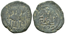 JUSTIN II with SOPHIA.(565-578).Constantinople.Follis.
Obv : D N IVSTINVS PP AVG.
Legend with Justin left holding globus cruciger and Sophia right hol...