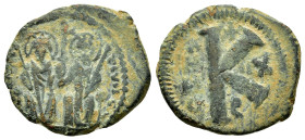 JUSTIN II and SOPHIA.(565-578).Antioch.Half Follis.
Obv : Justin left and Sophia right, seated facing on double-throne, both nimbate, each holding a l...