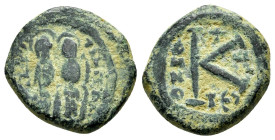 JUSTIN II with SOPHIA.(565-578).Thessalonica.Half Follis.
Obv : D N IVSTINVS P P AVG.
Justin at left, Sophia at right, seated facing on double-throne,...