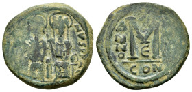 JUSTIN II with SOPHIA.(565-578).Constantinople.Follis.
Obv : D N IVSTINVS PP AVG.
Legend with Justin left holding globus cruciger and Sophia right hol...