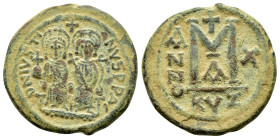 JUSTIN II and SOPHIA.(565-578).Cyzicus.Follis.
Obv : D N IVSTI NVS PP AV.
Justin and his wife Sophia, both nimbate, seated facing on throne: the Emper...