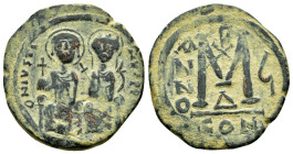 JUSTIN II with SOPHIA.(565-578).Constantinople.Follis.
Obv : D N IVSTINVS PP AVG.
Legend with Justin left holding globus cruciger and Sophia right hol...