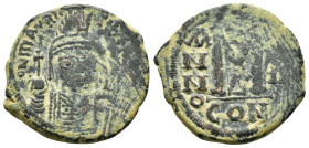 MAURICE TIBERIUS.(582-602).Constantinople.Follis.
Obv : D N MAVRIC TIЬЄR P P AV.
Crowned facing bust, wearing consular robes and holding mappa and eag...