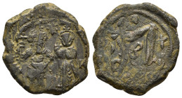 "Heraclius, with Heraclius Constantine, 610-641. Follis Constantinopolis, 629-630. Heraclius standing facing in military attire on the left, with mous...