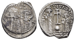 "Constans II, with Constantine IV, Heraclius, and Tiberius. 641-668. AR Hexagram Constantinople mint. Struck 659-668. Draped facing busts of Constans ...