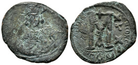 CONSTANTINE IV POGONATUS (668-685). Follis. Constantinople. Dated RY 30 (683/4).
Obv: Helmeted, draped and cuirassed bust facing slightly right, hold...