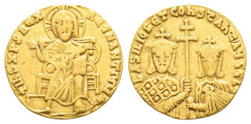 BASIL I THE MACEDONIAN with CONSTANTINE (867-886). GOLD Solidus. Constantinople.
Obv: + IҺS XPS RЄX RЄGNANTIЧM ✷.
Christ Pantokrator seated facing on ...
