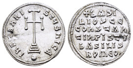 Basil I the Macedonian, with Leo VI and Alexander (867-886). Miliaresion. Constantinople.
Obv: IhSYS XRI SτЧS hIC A.
Cross potent set on three steps o...