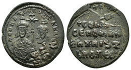 Constantine VII and Romanus II (945-959), Follis, Constantinople 
Facing bust, Costantine VII bearded, Romanus II beardless, smaller, wearing loros an...