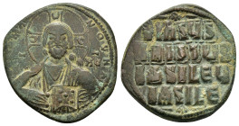 ANONYMOUS FOLLES. Class A3. Attributed to Basil II & Constantine VIII (976-1025). Follis. Constantinople.
Obv: + ЄMMANOVHΛ / IC - XC.
Facing bust of...
