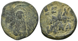 MICHAEL IV .(1034-1041).Anonymous Class C.Constantinople.Follis.
Obv : EMMA NOVHL IC-XC.
Christ, with nimbate cross behind head, three-quarter length ...