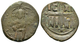 MICHAEL IV .(1034-1041).Anonymous Class C.Constantinople.Follis.
Obv : EMMA NOVHL IC-XC.
Christ, with nimbate cross behind head, three-quarter length ...