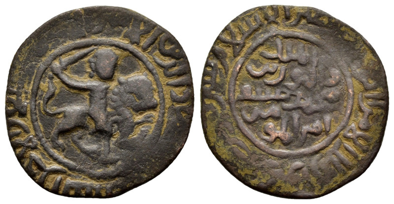 DANISHMENDID.Imad al-Din Dhu'l-Nun.(1142-1175)Ae Dirham.
Obv : Lion-rider in ce...