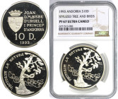 Europäische Münzen und Medaillen, Andorra. Baum und Vogelschwarm. 10 Diners 1993. 31,47 g. 0.925 Silber. 0.94 OZ. KM 84. NGC PF 67 Ultra Cameo