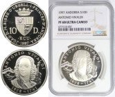 Europäische Münzen und Medaillen, Andorra. Komponist Antonio Vivaldi (1678-1741). 10 Diners 1997. 31,47 g. 0.925 Silber. 0.94 OZ. KM 133. NGC PF 68 Ul...