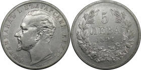 Europäische Münzen und Medaillen, Bulgarien / Bulgaria. Ferdinand I. (1887-1918). 5 Lewa 1894 KB, Kremnitz. Silber. 24,88 g. KM 18. Sehr schön+. Feine...