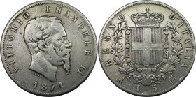Europäische Münzen und Medaillen, Italien / Italy. Vittorio Emanuele II. 5 Lire 1874. Silber. 24,58 g. KM 8.3. Sehr schön