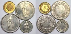 Europäische Münzen und Medaillen, Schweiz / Switzerland, Lots und Sammlungen. 5 Rappen 1983, KM 26c (St). 1/2 Franken 1979, KM 23a.1 (Vz). 2 x 2 Frank...