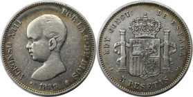 Europäische Münzen und Medaillen, Spanien / Spain. Alfonso XIII. 5 Pesetas 1889 MP - M. Silber. KM 689. Sehr schön+