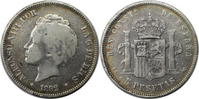Europäische Münzen und Medaillen, Spanien / Spain. Alfonso XIII. 5 Pesetas 1892 PG - M. Silber. KM 700. Sehr schön