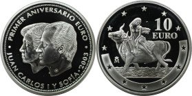 Europäische Münzen und Medaillen, Spanien / Spain. Europäische Währungsunion - Europa auf dem Stier. 10 Euro 2003. 27,0 g. 0.925 Silber. 0.80 OZ. KM 1...