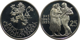 Europäische Münzen und Medaillen, Tschechoslowakei / Czechoslovakia. 10 Jahre Befreiung. 25 Kronen 1955. 16,0 g. 0.500 Silber. 0.26 OZ. KM 43. Poliert...
