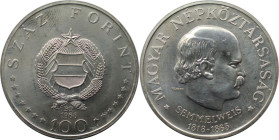 Europäische Münzen und Medaillen, Ungarn / Hungary. Semmelweis. 100 Forint 1968. 28,0 g. 0.640 Silber. 0.58 OZ. KM 584. Stempelglanz, Kl.Kratzer
