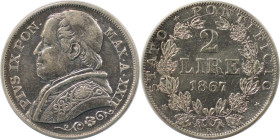 Europäische Münzen und Medaillen, Vatikan. Pius IX. 2 Lire 1867 R, Rom. Silber. KM 1379.2. Vorzüglich