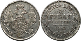 Russische Münzen und Medaillen, Nikolaus I. (1826-1855). 3 Rubel 1843 SPB, St. Petersburg (ohne Mmz.). Platin. 10,24 g. Fr. 160, Sev. 640, Fuchs 165. ...