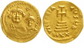Kaiserreich
Heraclius, 610-641
Solidus zu 20 Siliquae 616/625. Constantinopel. Brb. Heraclius und Constantinus v.v. nebeneinander/Stufenkreuz. 3,69 ...