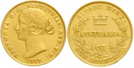 Australien
Victoria, 1837-1901
Sovereign 1870 mit AUSTRALIA. 7,99 g. 917/1000.
fast vorzüglich, Randfehler