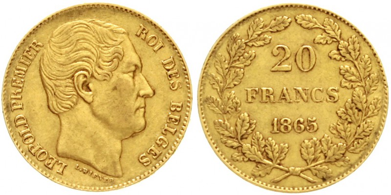 Belgien
Leopold I., 1831-1865
20 Francs 1865. L. WIENER. 6,45 g. 900/1000.
se...