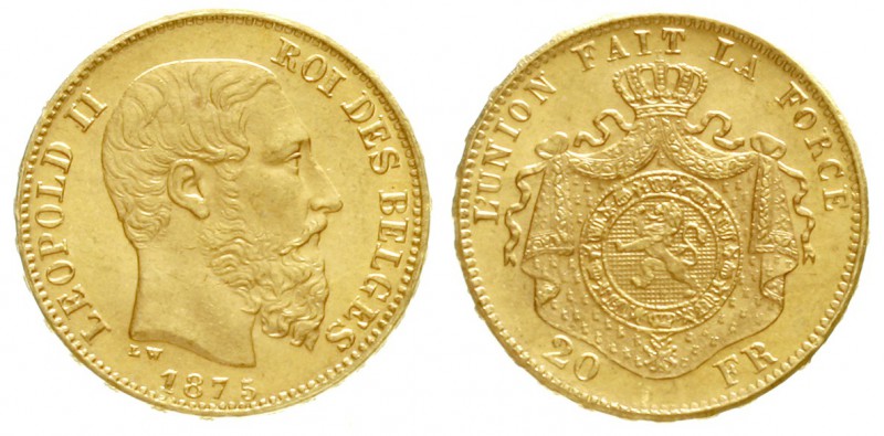 Belgien
Leopold II., 1865-1909
20 Francs 1875. 6,45 g. 900/1000.
Stempelglanz...