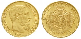 Belgien
Leopold II., 1865-1909
20 Francs 1875. 6,45 g. 900/1000.
Stempelglanz, Prachtexemplar